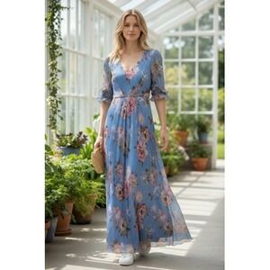 NEW Adrianna Papell Maxi Dress Womens 6 Blue Floral Metallic Crinkle 3/4 Sleeve